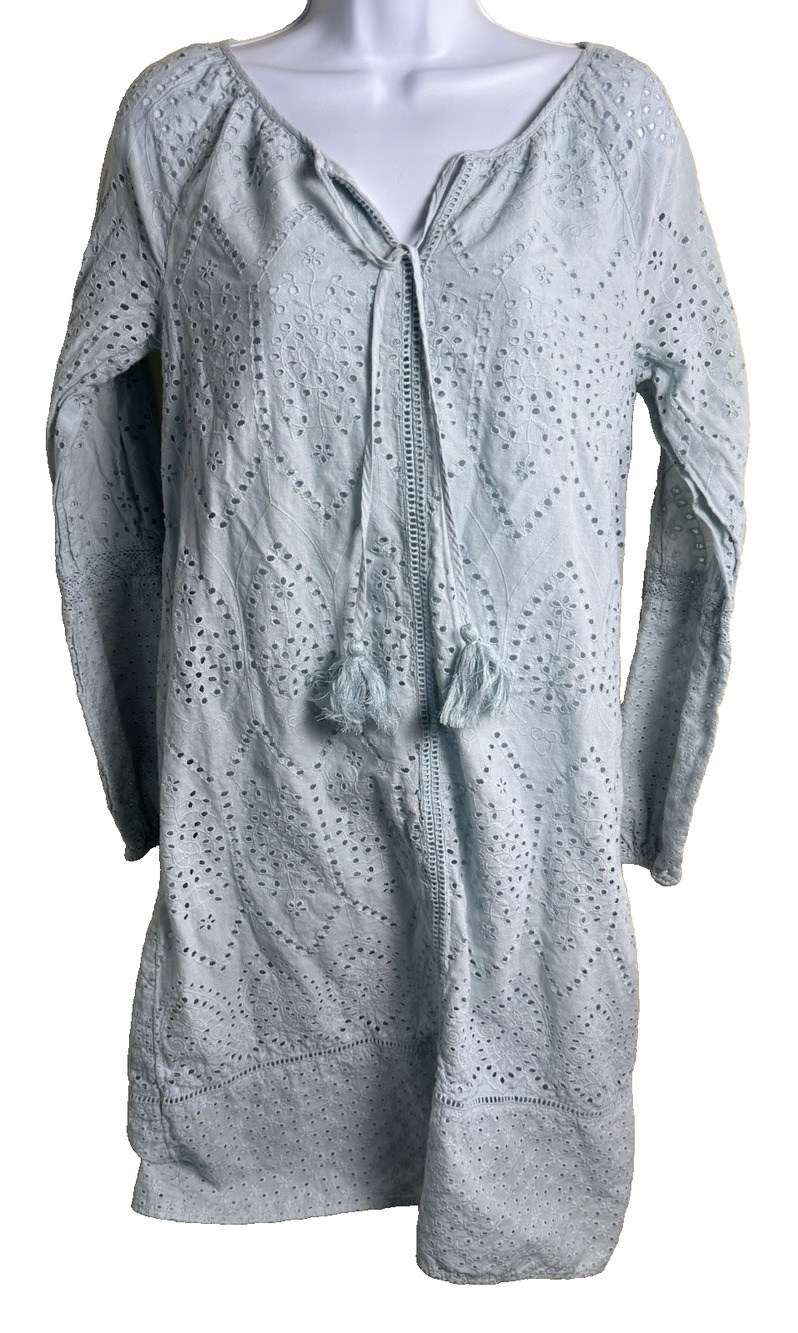 Sundance Coastland Blue Cotton Eyelet Dress Long Sleeve Tassel Boho Mini Small